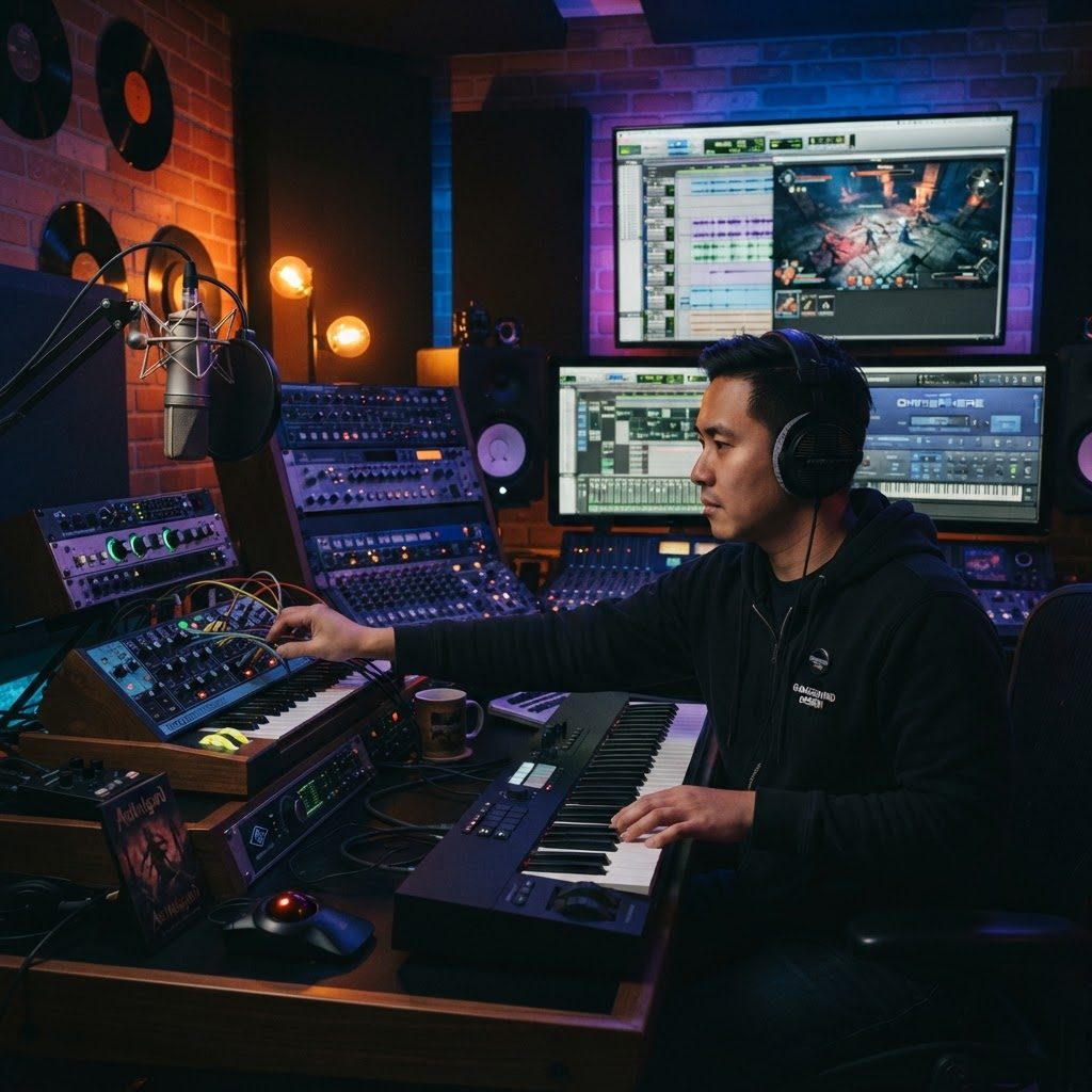 Video game audio designer working on cinematic game music and interactive audio design